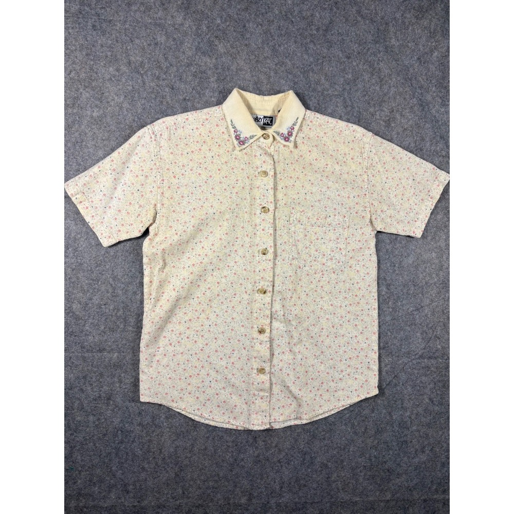 Krazy Kat Floral Button Up Shirt Women Short Sleeve Yellow Pastel Cottagecore